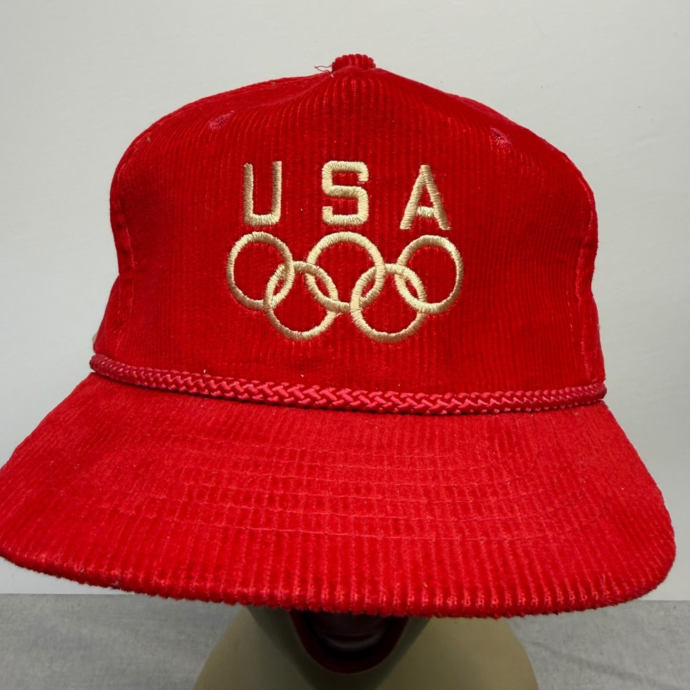 Vintage USA Olympic Games Red Corduroy Rope Hat Clutch Headwear Strapback Cap‎